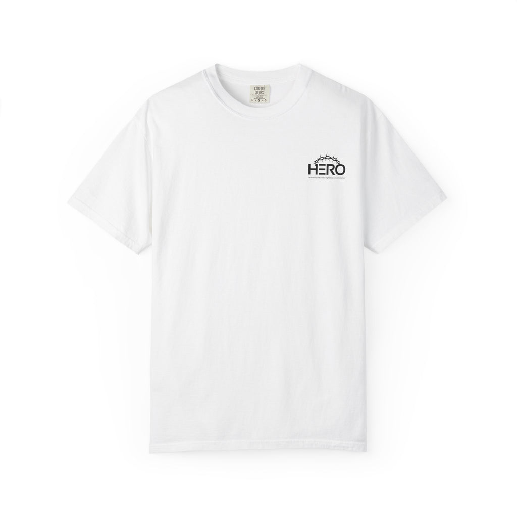 The HERO Steps Out T-shirt — Man with Cape Walking to Cross (HERO: Heavenly Elevated Righteous Overcomer)