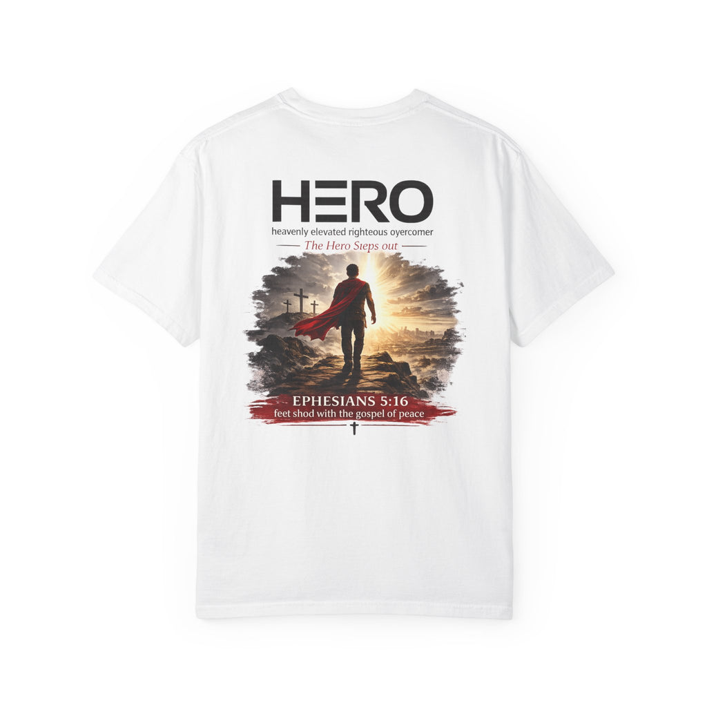 The HERO Steps Out T-shirt — Man with Cape Walking to Cross (HERO: Heavenly Elevated Righteous Overcomer)