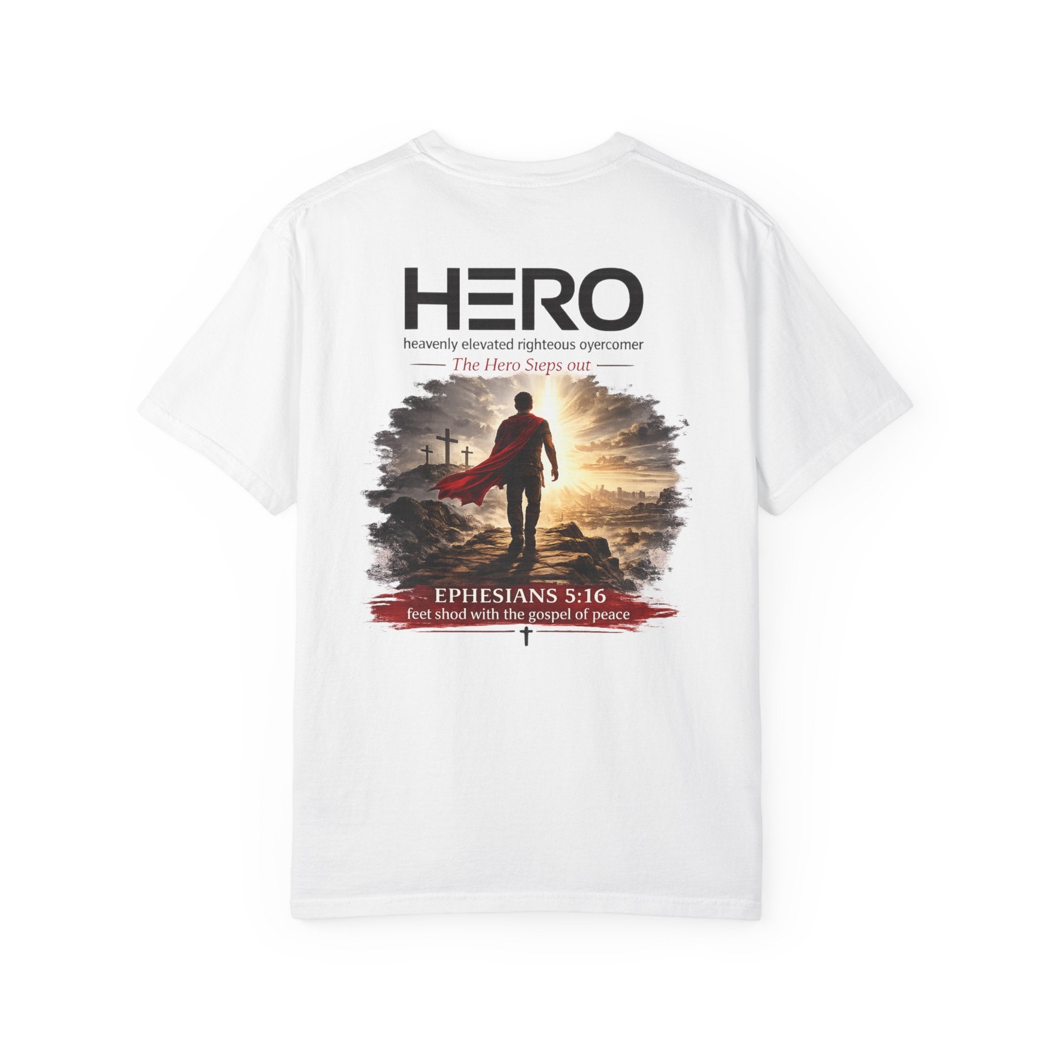 The HERO Steps Out T-shirt — Man with Cape Walking to Cross (HERO: Heavenly Elevated Righteous Overcomer)