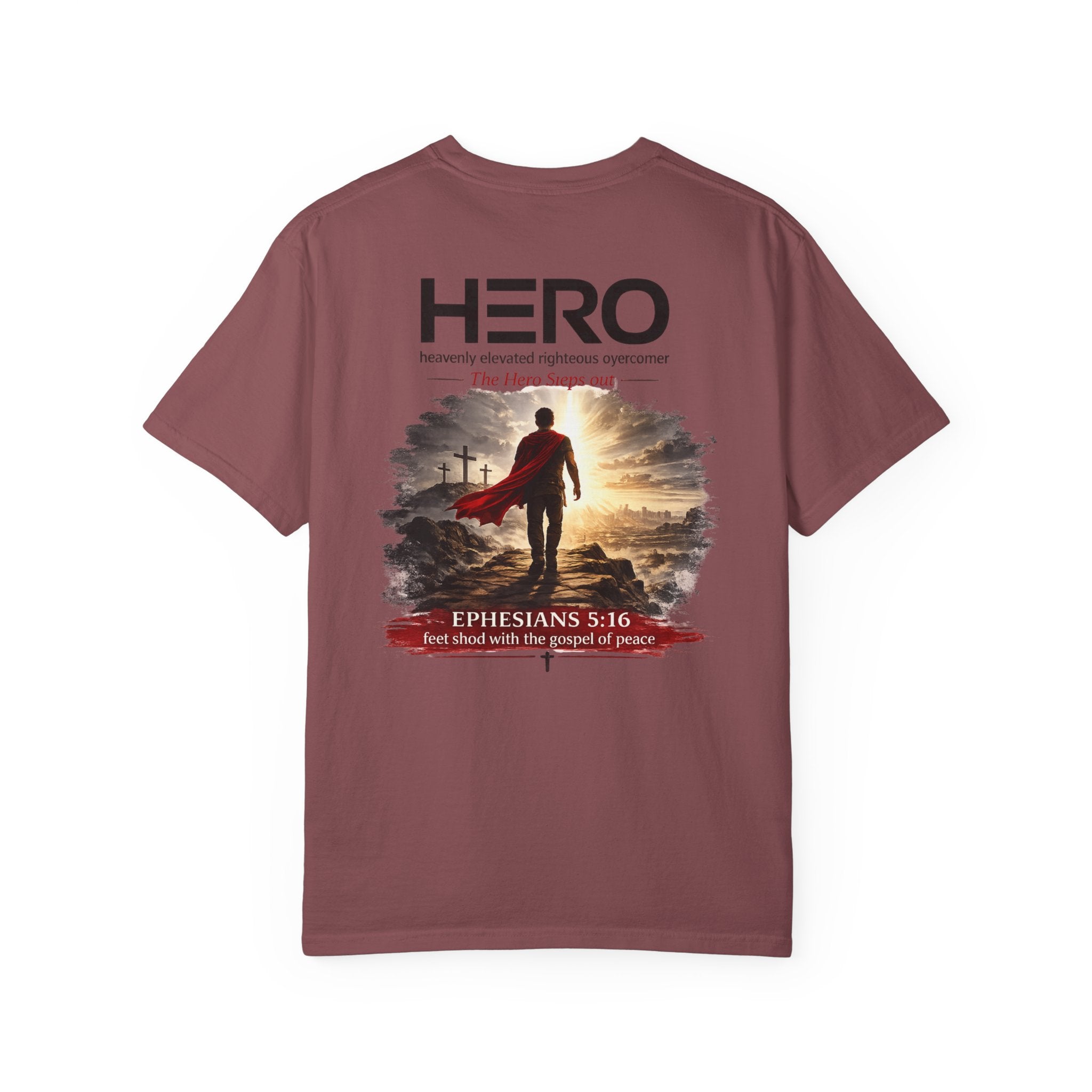 The HERO Steps Out T-shirt — Man with Cape Walking to Cross (HERO: Heavenly Elevated Righteous Overcomer)