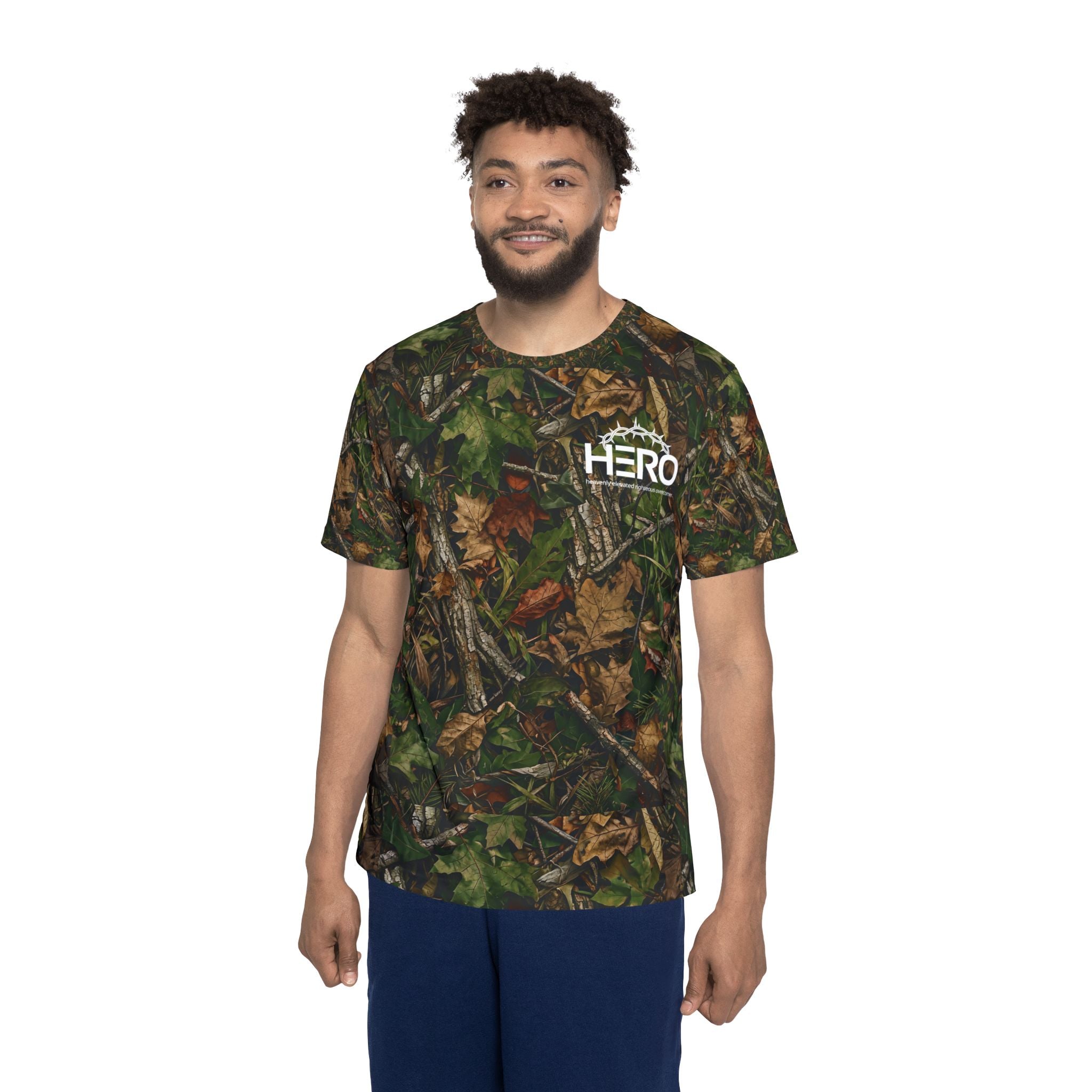 Hero Steps Out Camo T-Shirt — Men's Sports Jersey (The HERO: Heavenly Elevated Righteous Overcomer)