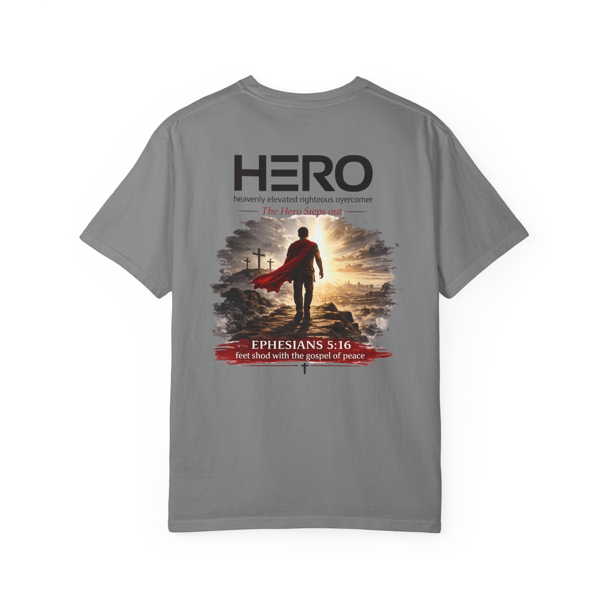 The HERO Steps Out T-shirt — Man with Cape Walking to Cross (HERO: Heavenly Elevated Righteous Overcomer)
