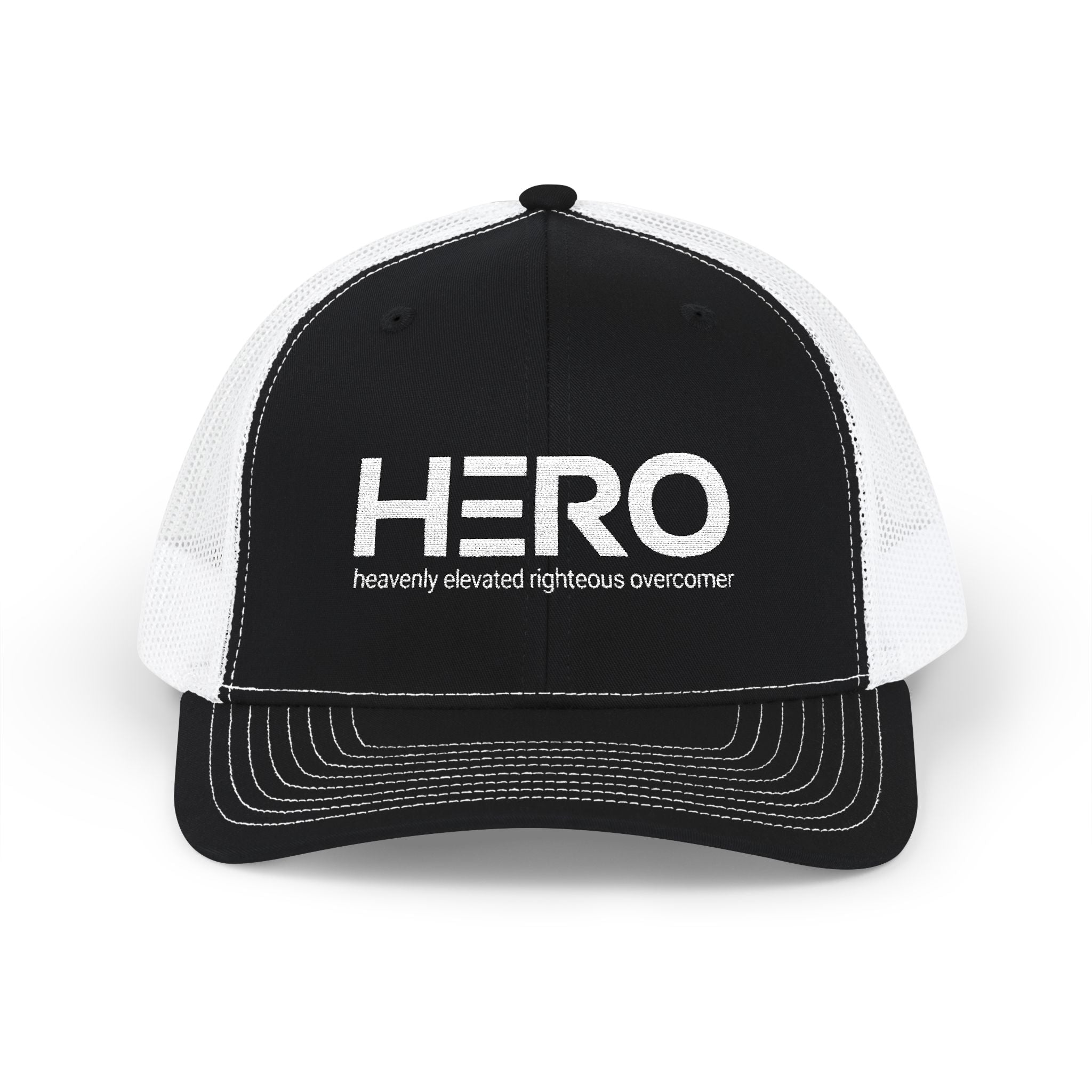HERO Trucker Cap — "the HERO steps out" Christian Snapback (Heavenly Elevated Righteous Overcomer)