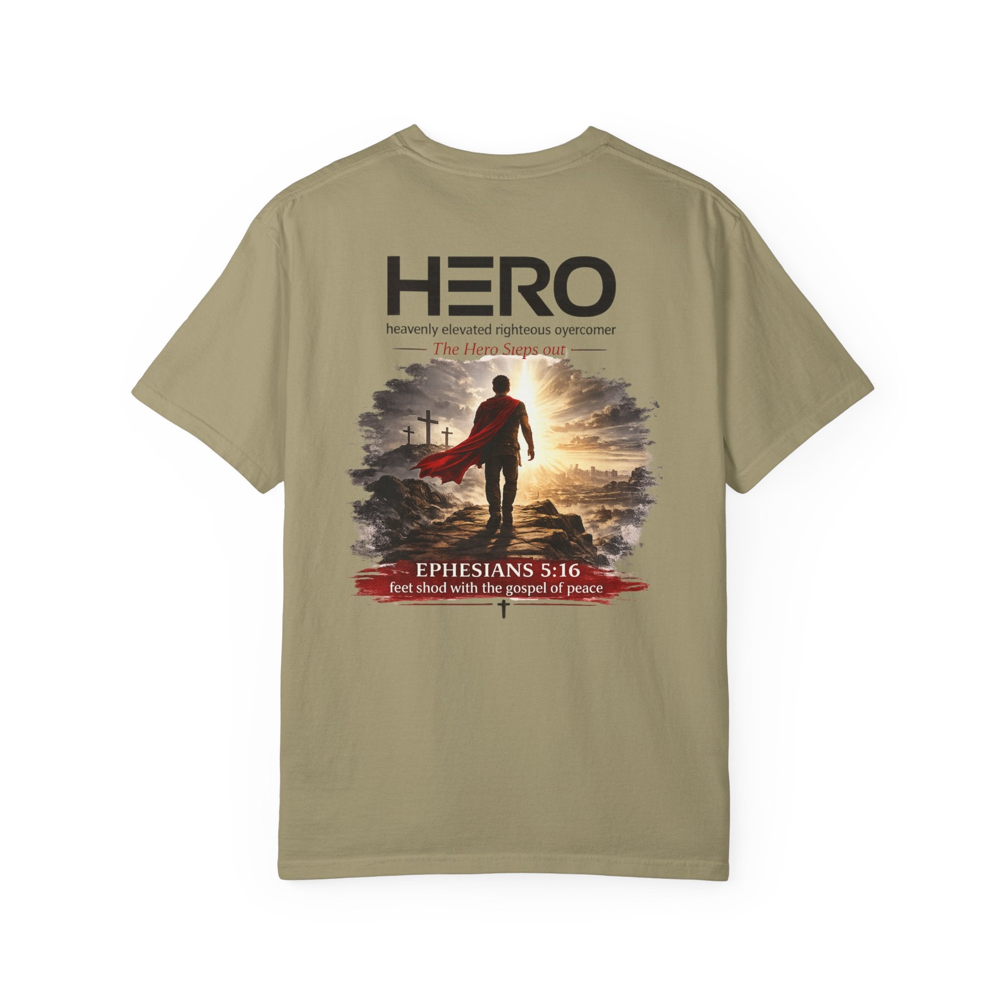 The HERO Steps Out T-shirt — Man with Cape Walking to Cross (HERO: Heavenly Elevated Righteous Overcomer)