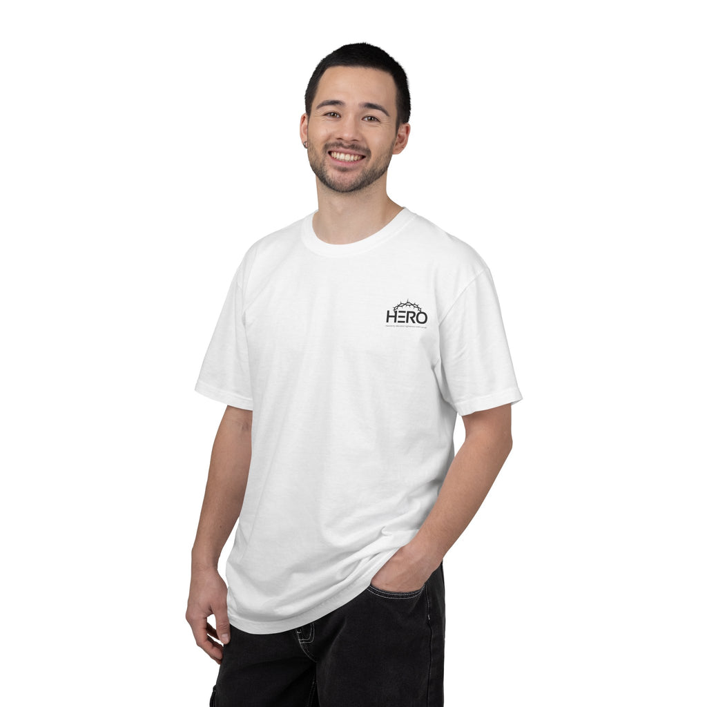 The HERO Steps Out T-shirt — Man with Cape Walking to Cross (HERO: Heavenly Elevated Righteous Overcomer)
