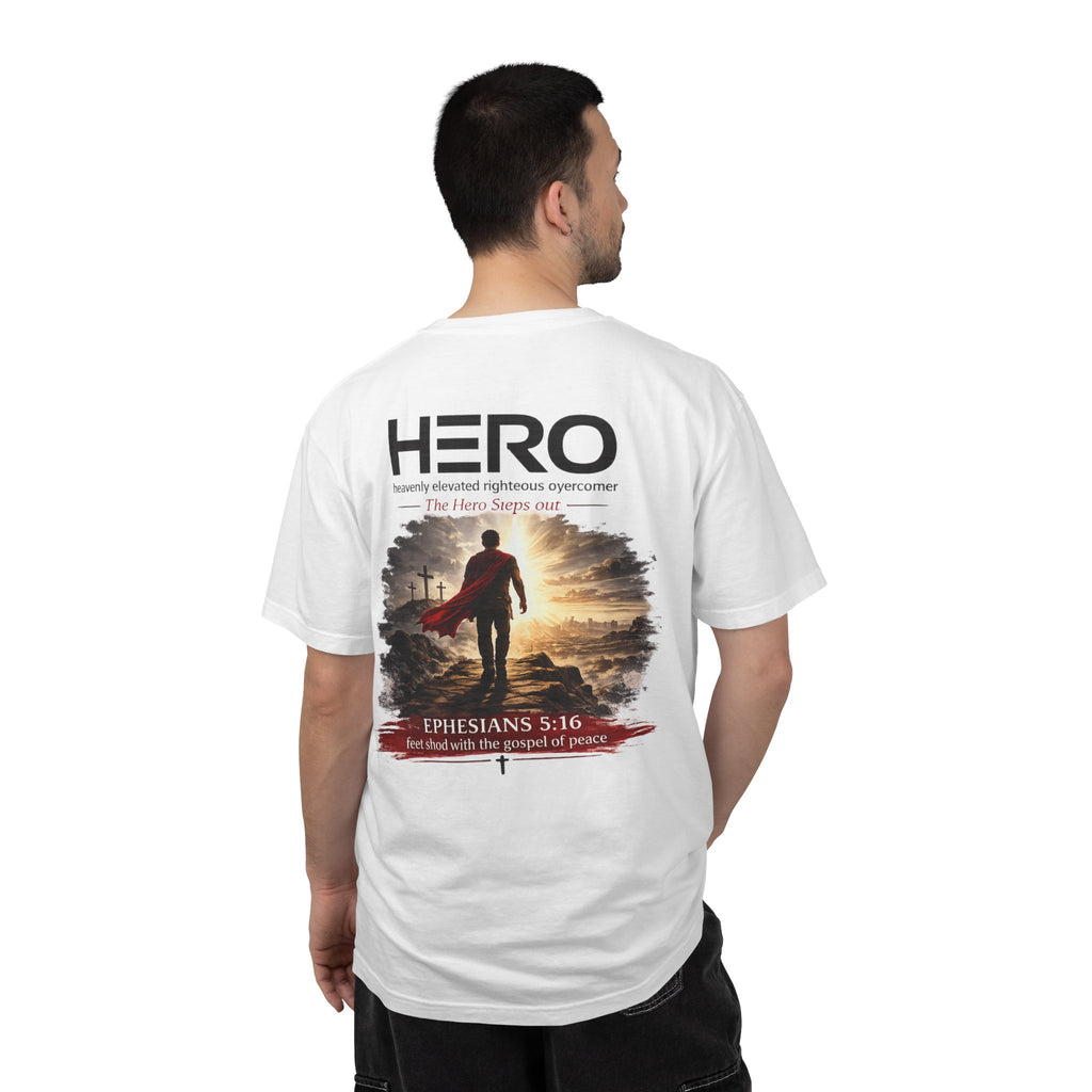 The HERO Steps Out T-shirt — Man with Cape Walking to Cross (HERO: Heavenly Elevated Righteous Overcomer)