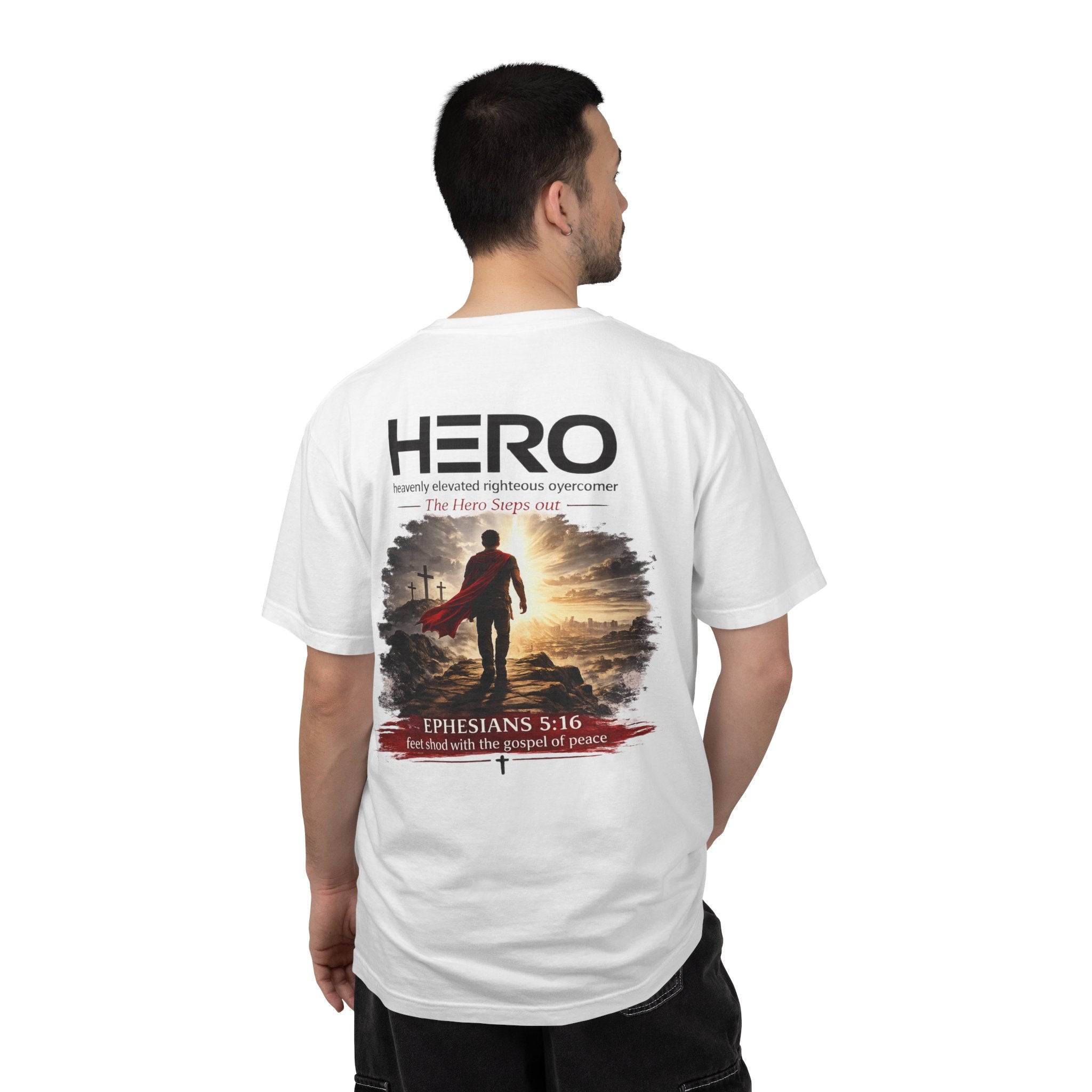 The HERO Steps Out T-shirt — Man with Cape Walking to Cross (HERO: Heavenly Elevated Righteous Overcomer)