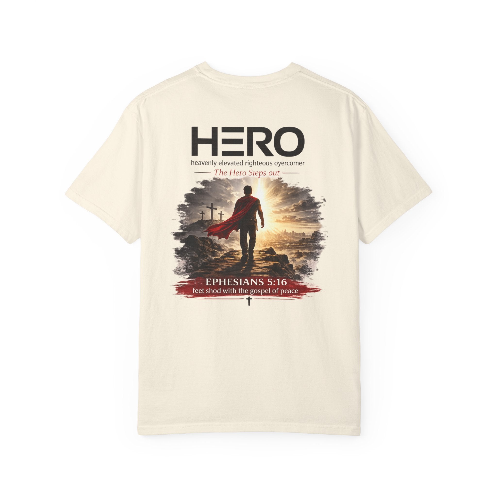 The HERO Steps Out T-shirt — Man with Cape Walking to Cross (HERO: Heavenly Elevated Righteous Overcomer)