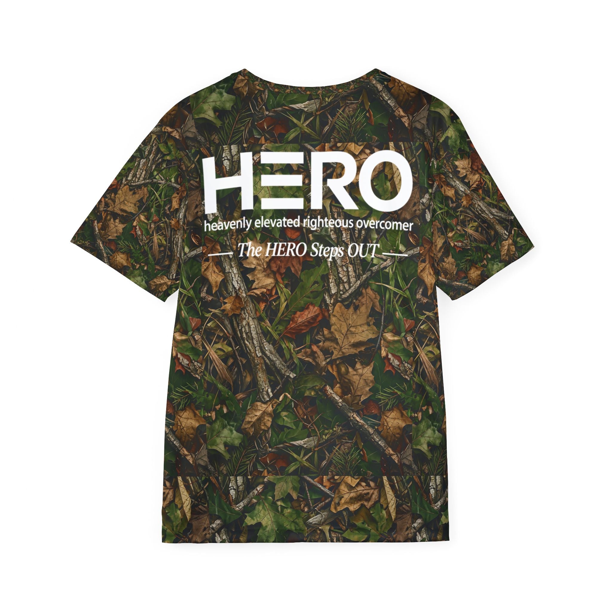 Hero Steps Out Camo T-Shirt — Men's Sports Jersey (The HERO: Heavenly Elevated Righteous Overcomer)